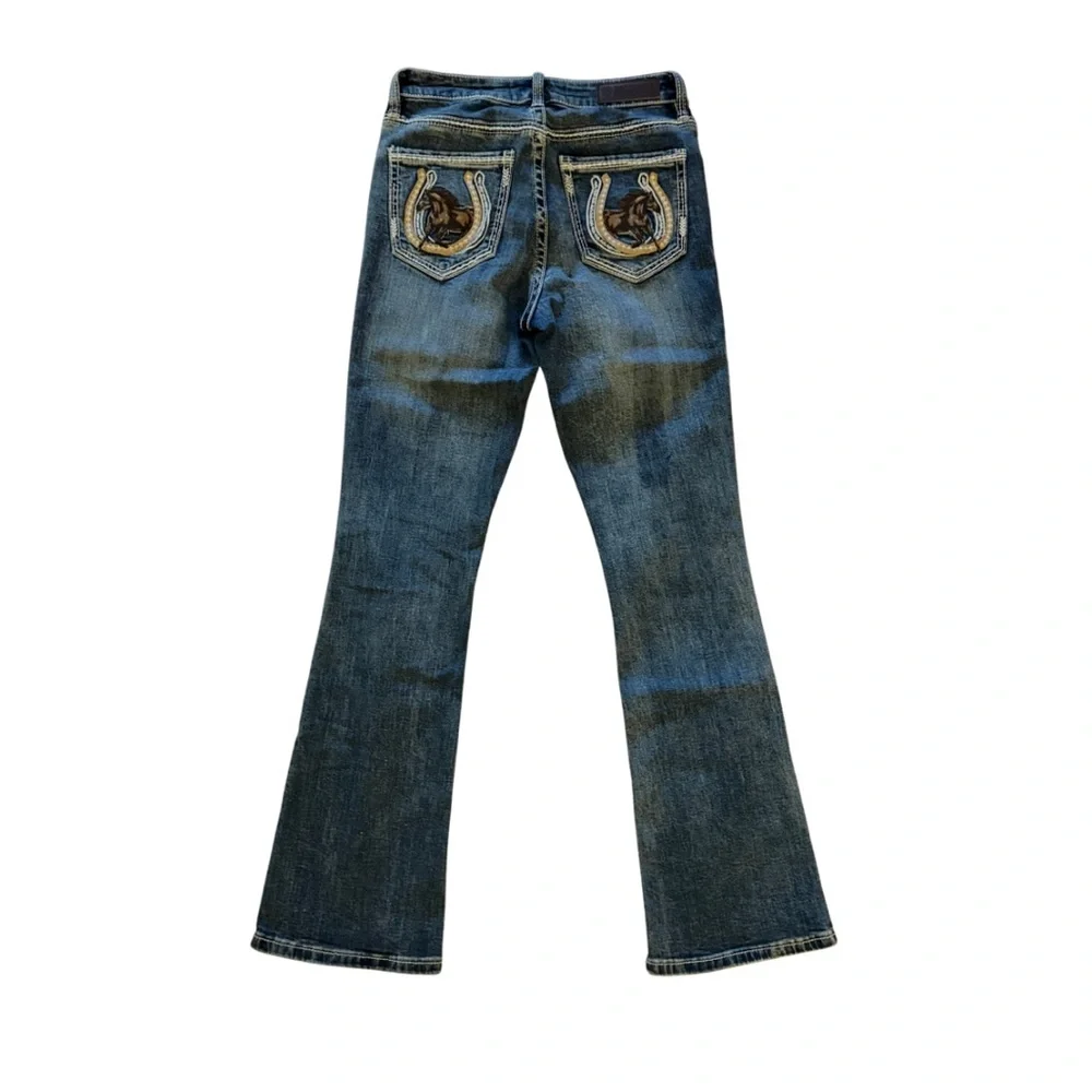Women’s Rock&Roll Denim Bootcut w26 l32 Blue Jeans with Horse Embroidered Pocket - Picture 3 of 6